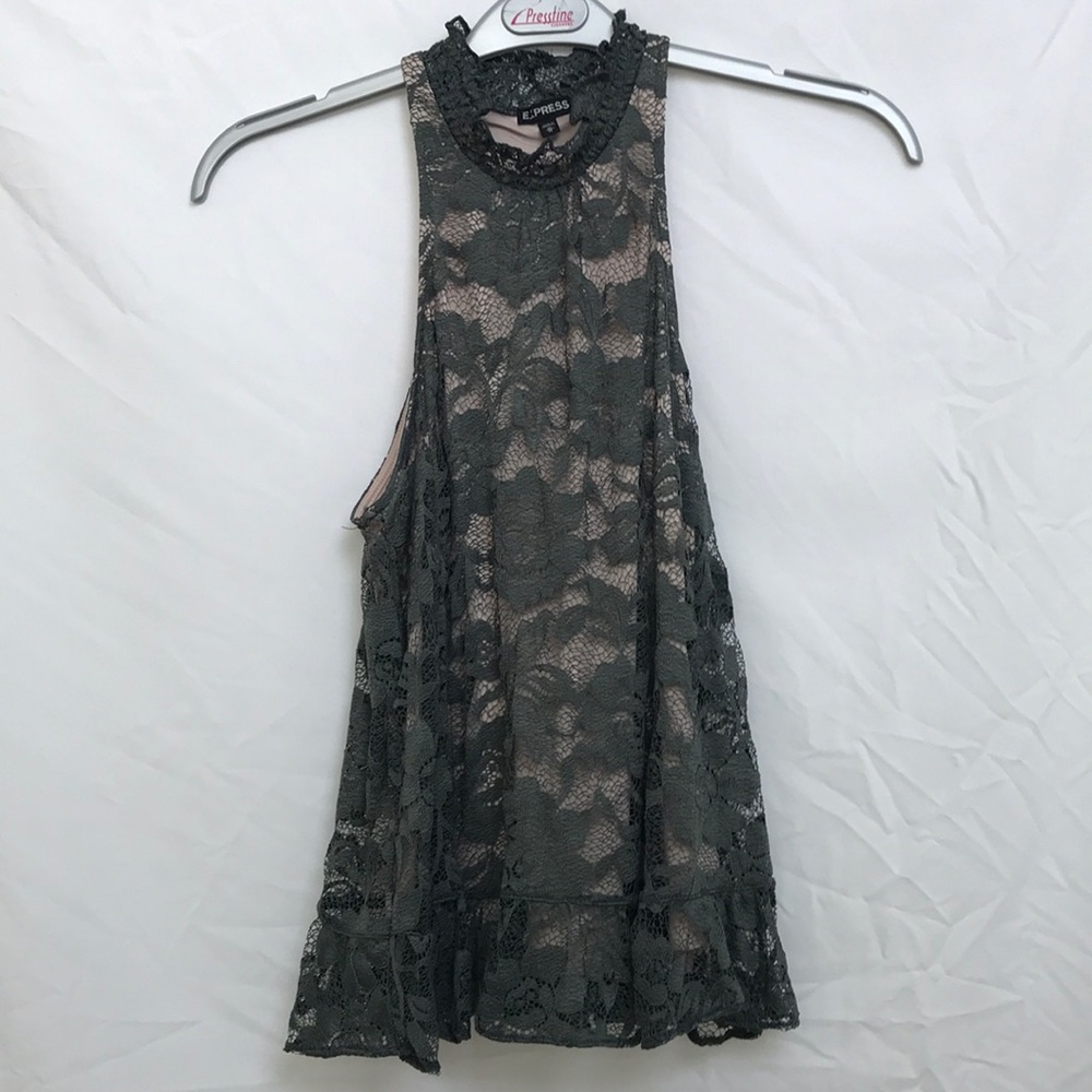 Green and nude high neck lace top